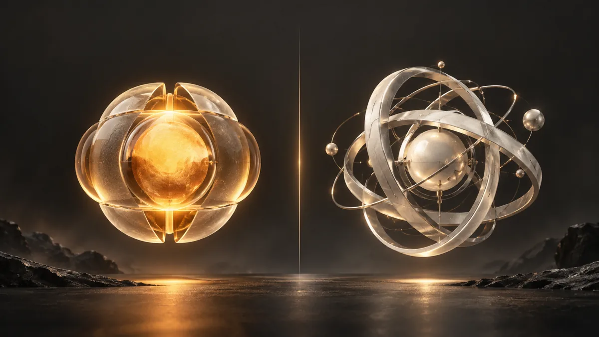 Conceptual editorial illustration: an amber glass core beside a silver orbital structure.