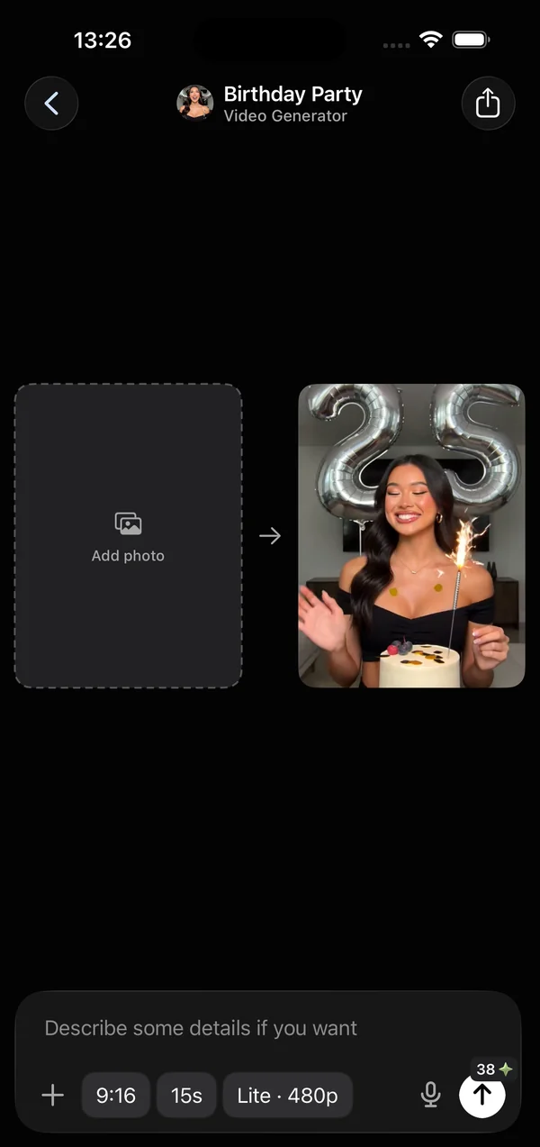Image-to-video setup in GO AI Chat: an empty Add photo slot, an arrow, the style preview, and controls for 9:16, 15s and quality.