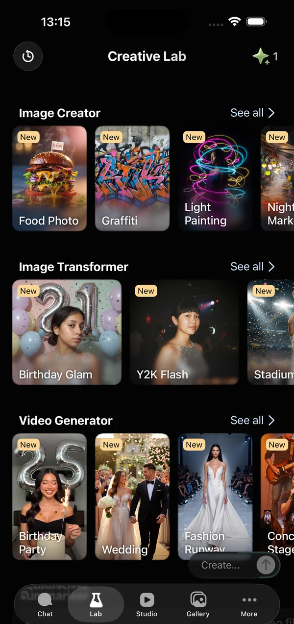 GO AI Chat's Creative Lab on iPhone, with Image Creator, Image Transformer and Video Generator rows.