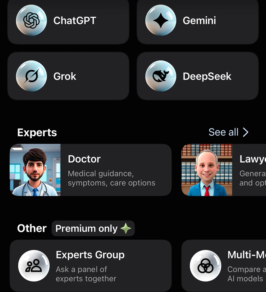 GO AI Chat on iPhone listing ChatGPT, Gemini, Grok and DeepSeek side by side, plus Experts and Multi-Model entry points.