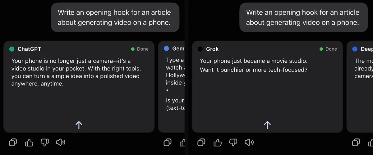 Two answers to the same prompt in GO AI Chat: ChatGPT writes a full two-sentence opener, Grok replies with one line and offers to make it punchier.