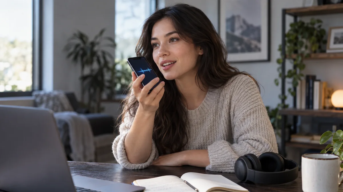 Person at a desk practising a voice conversation with a phone and headphones