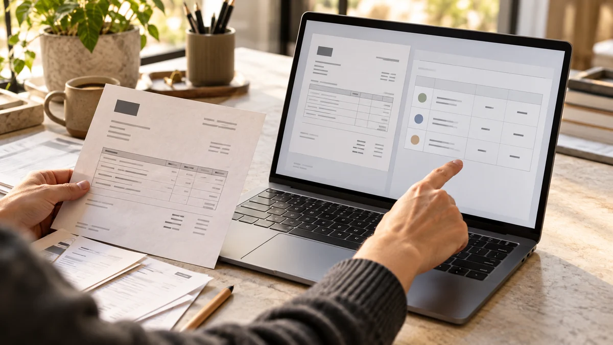 A hand comparing a paper invoice with a document and table on a laptop.