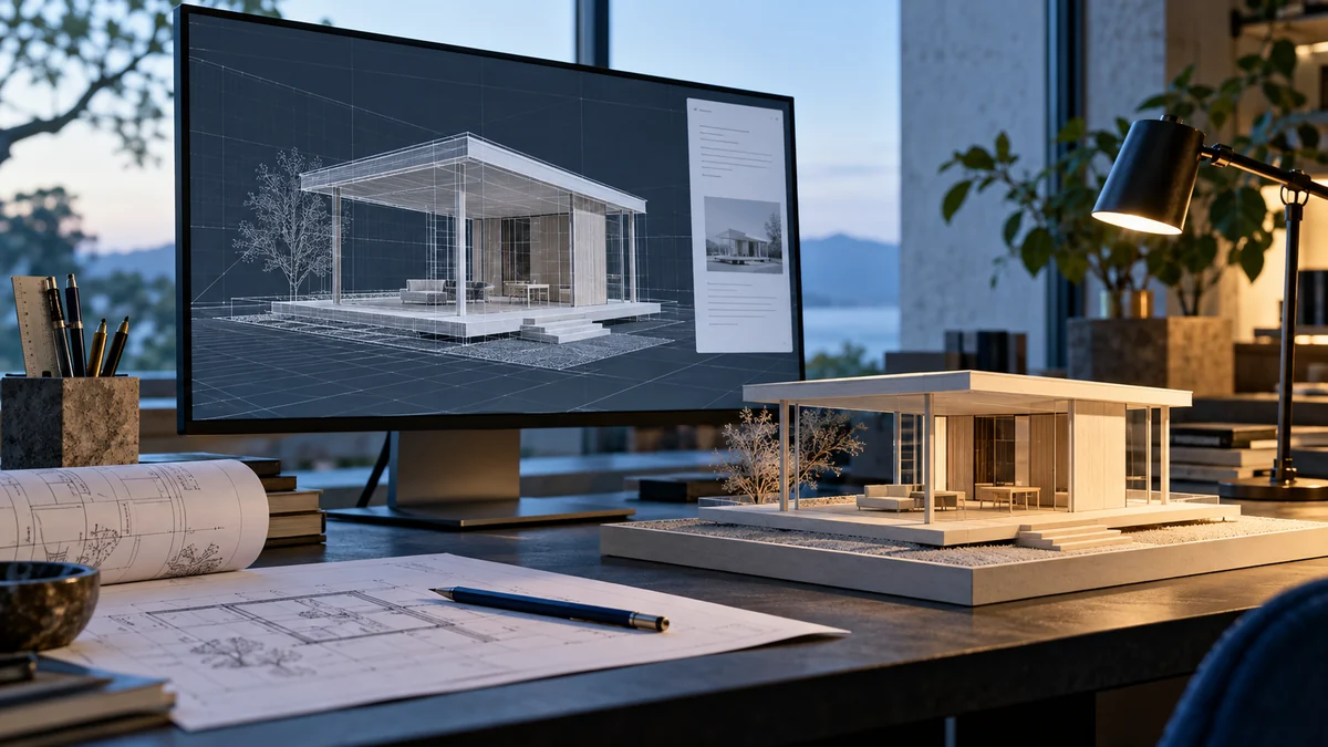 An architectural scale model beside a screen showing a matching wireframe pavilion.