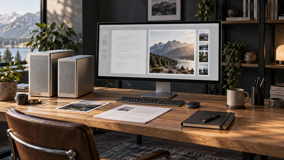 Editorial workspace with a wide monitor, printed document, photograph and two compact silver desktop computers