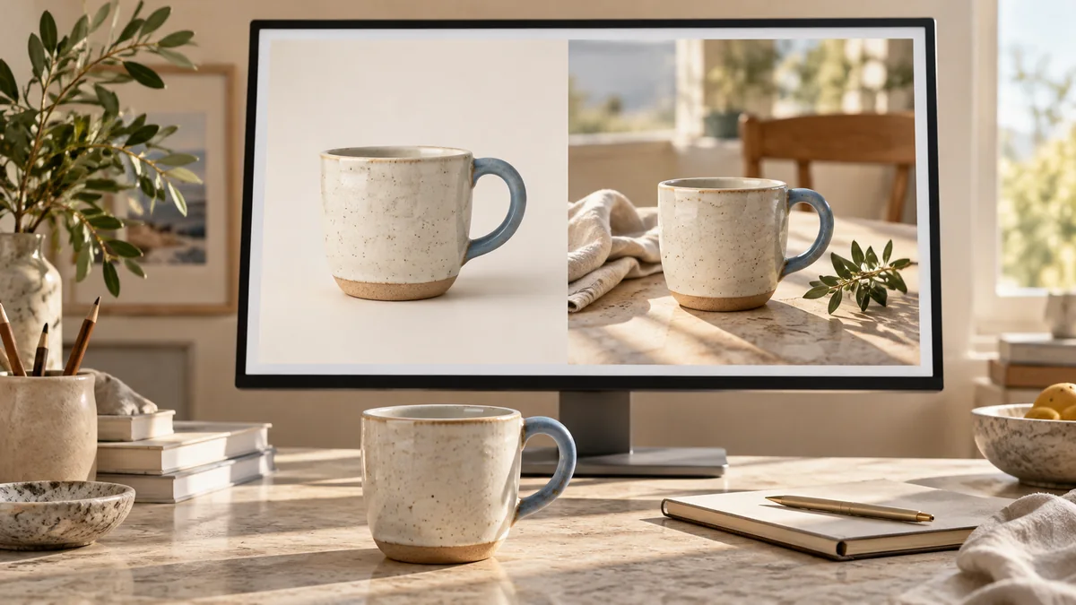 Arbeitsplatz zur Bildbearbeitung mit zwei Ansichten derselben Keramiktasse auf einem Monitor und einer echten Tasse auf dem Tisch
