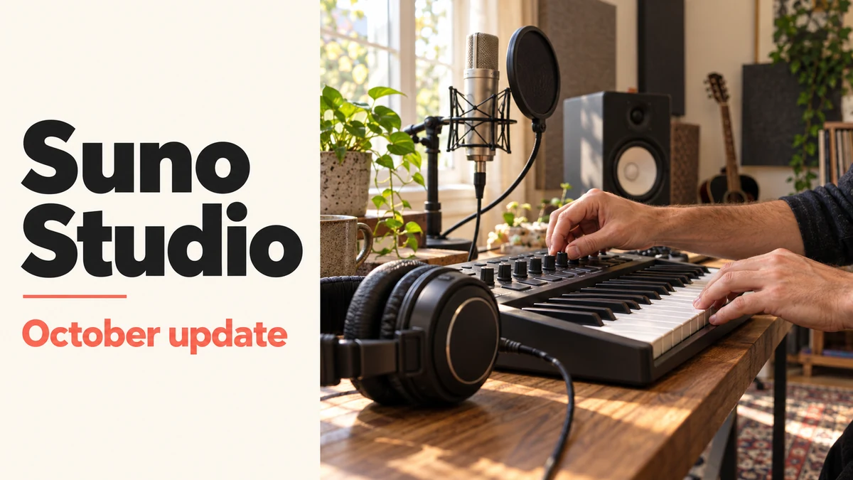 Suno Studio headline with a music producer, keyboard and recording equipment