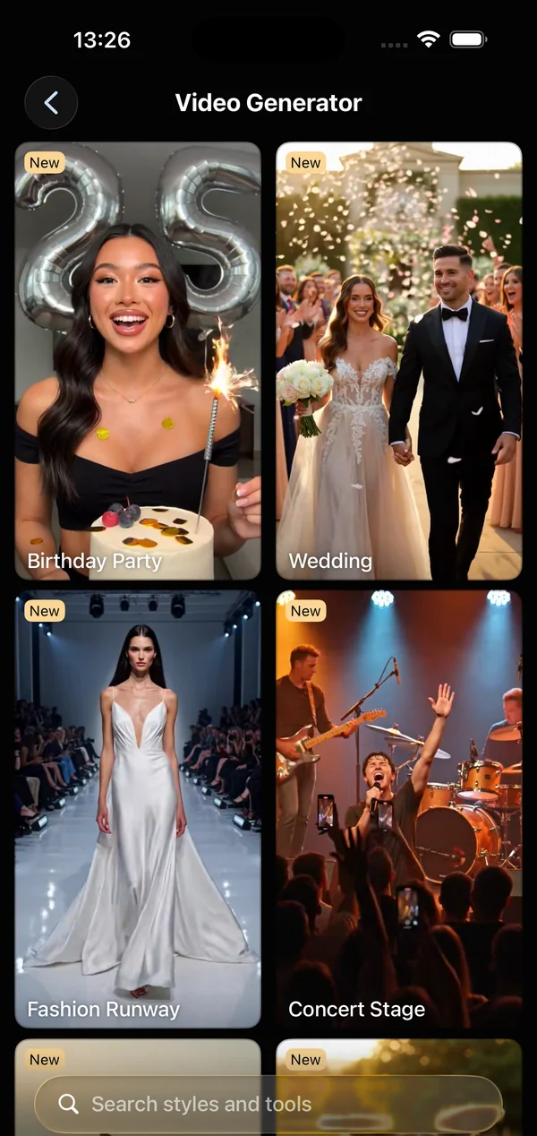 GO AI Chat's Video Generator on iPhone showing ready-made styles: Birthday Party, Wedding, Fashion Runway and Concert Stage.