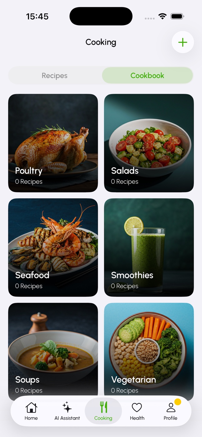 GO AI Calorie cookbook organized into recipe categories