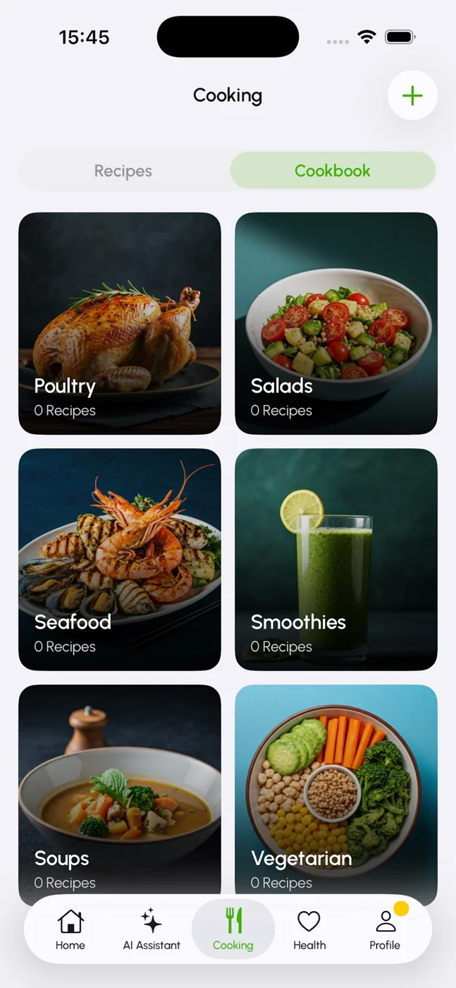 GO AI Calorie cookbook organized into recipe categories