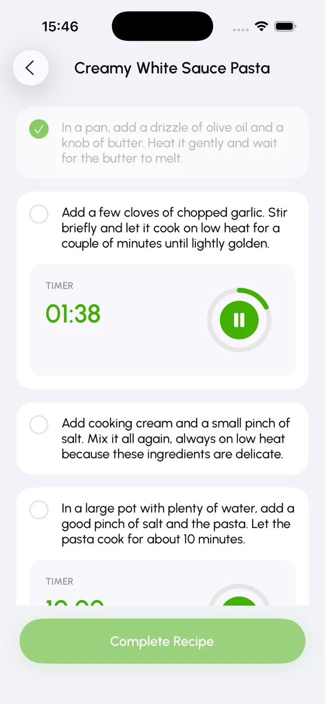 Guided cooking steps with built-in recipe timer