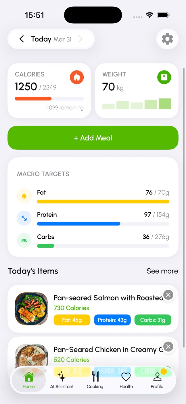 GO AI Calorie daily dashboard showing calories, weight, macro targets, and recent meals