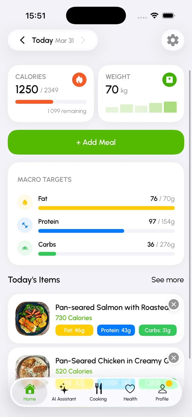GO AI Calorie daily dashboard showing calories, weight, macro targets, and recent meals
