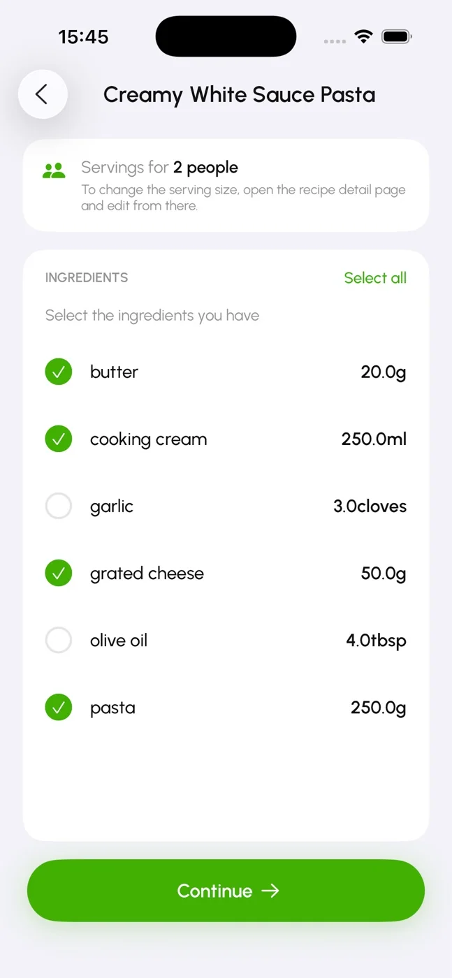 Recipe ingredient checklist showing ingredients already on hand
