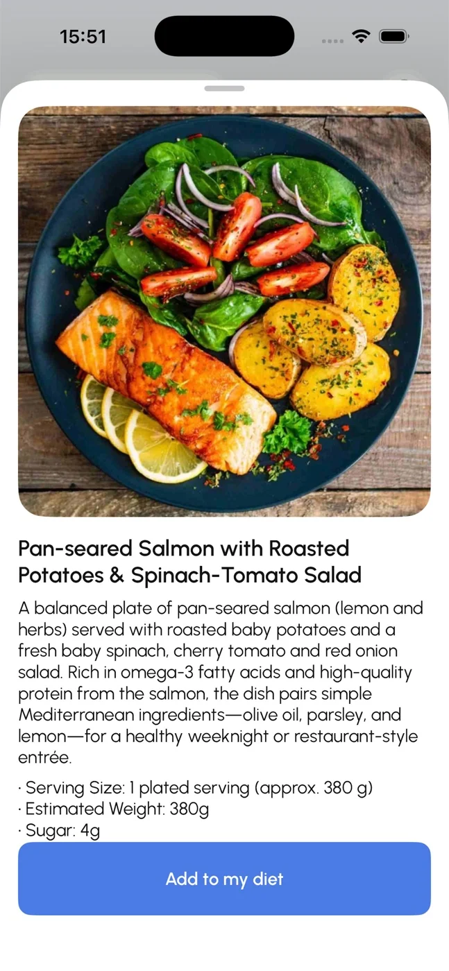 Recognized salmon meal with calories, macros, serving size, fiber, and sugar