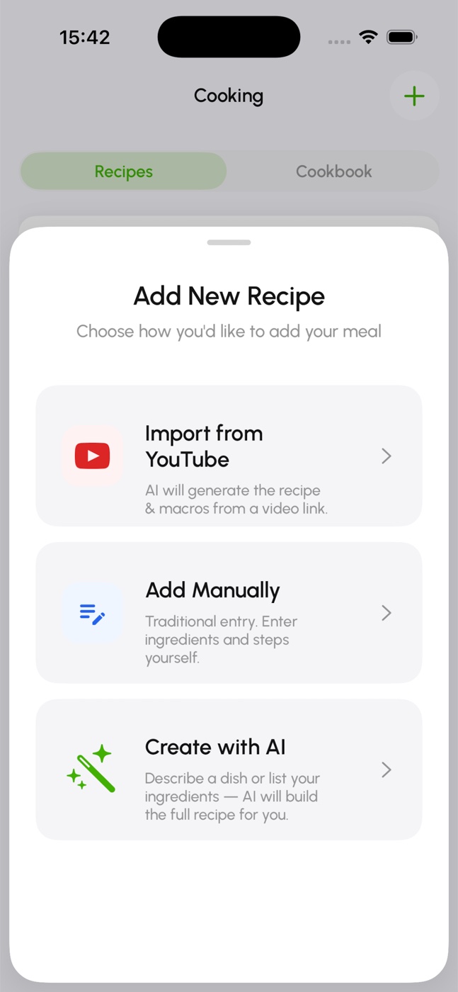 GO AI Calorie recipe creation options including YouTube import, manual entry, and AI creation