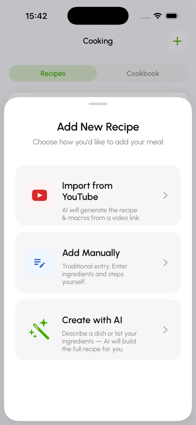GO AI Calorie recipe creation options including YouTube import, manual entry, and AI creation