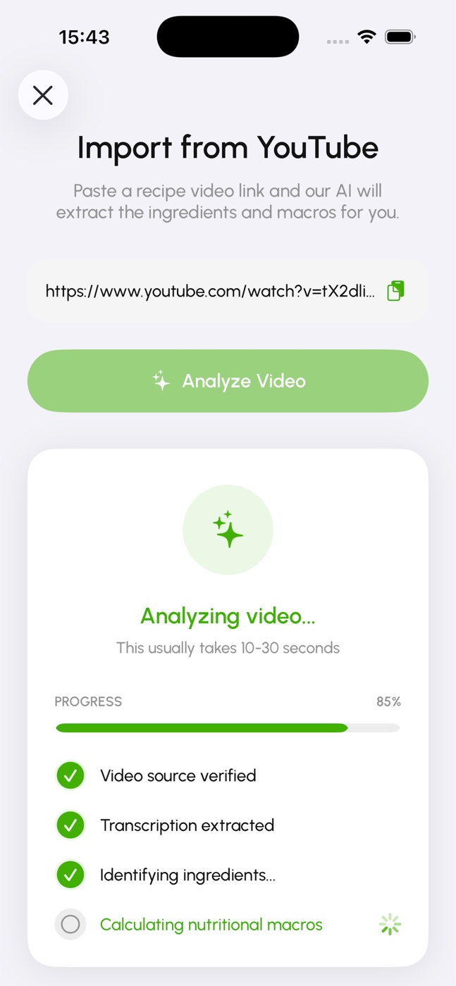 YouTube recipe import analyzing a cooking video