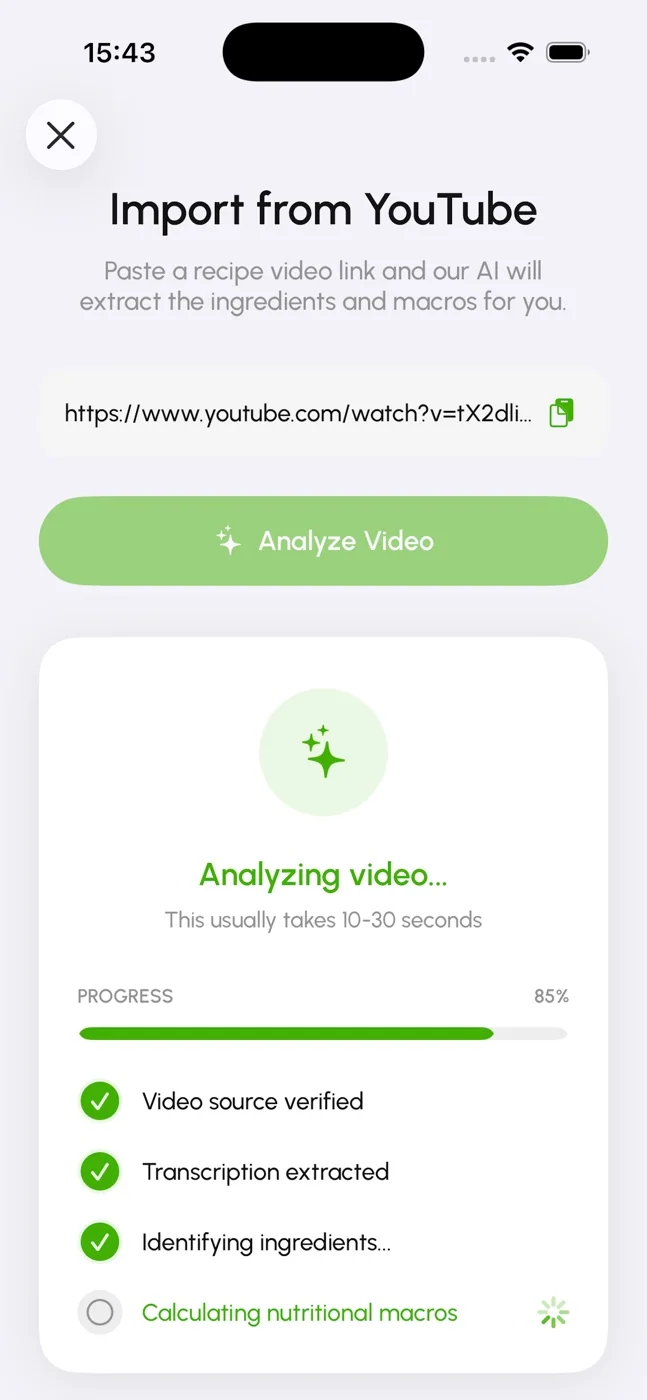 YouTube recipe import analyzing a cooking video