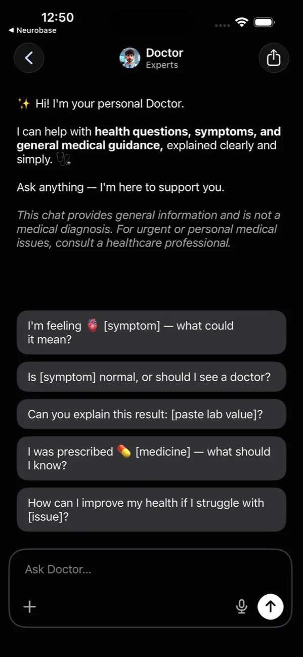 iPhone — Doctor expert chat with health Q&A suggestions.