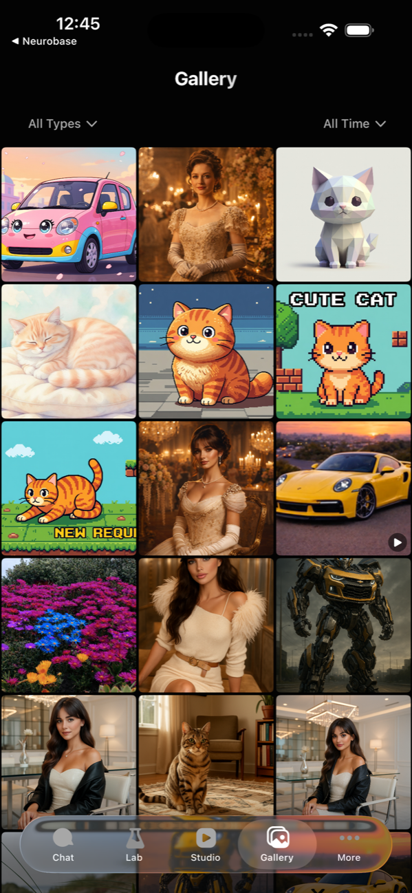 iPhone — Gallery grid showing diverse generated images.