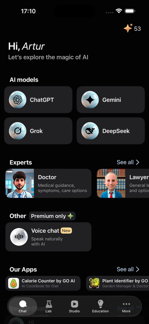 GO AI Chat home screen on iPhone.