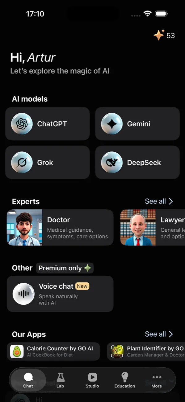 GO AI Chat on iPhone showing ChatGPT, Gemini, Grok and DeepSeek as selectable models.