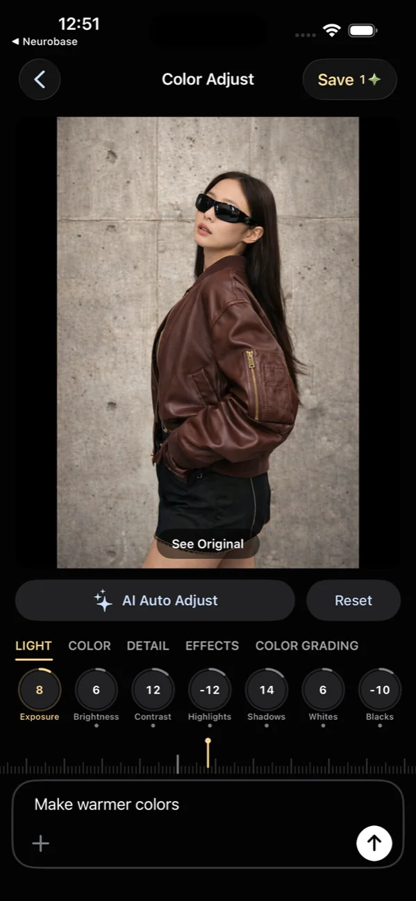 iPhone — Color Adjust panel with Light, Color, Detail, Effects, and Color Grading controls.