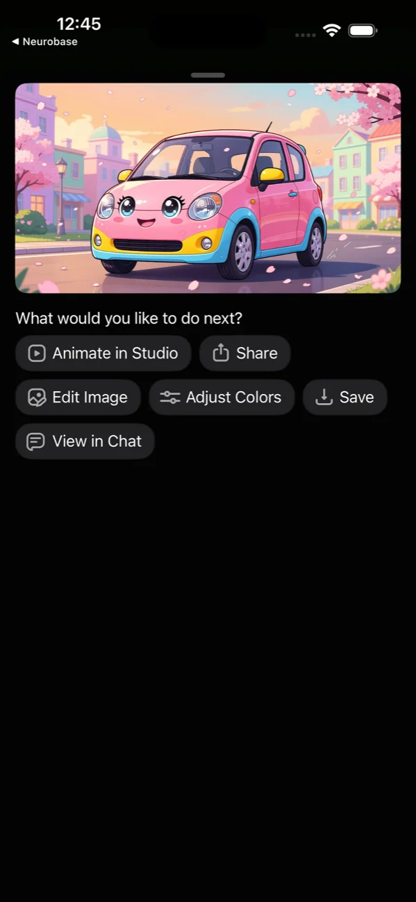 iPhone — Cartoon car generation result with next-step actions.