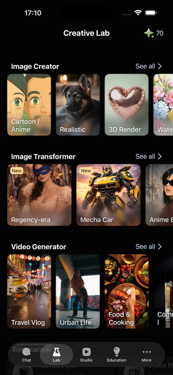 GO AI Chat's Lab tab on iPhone with Image Creator, Image Transformer and Video Generator sections.