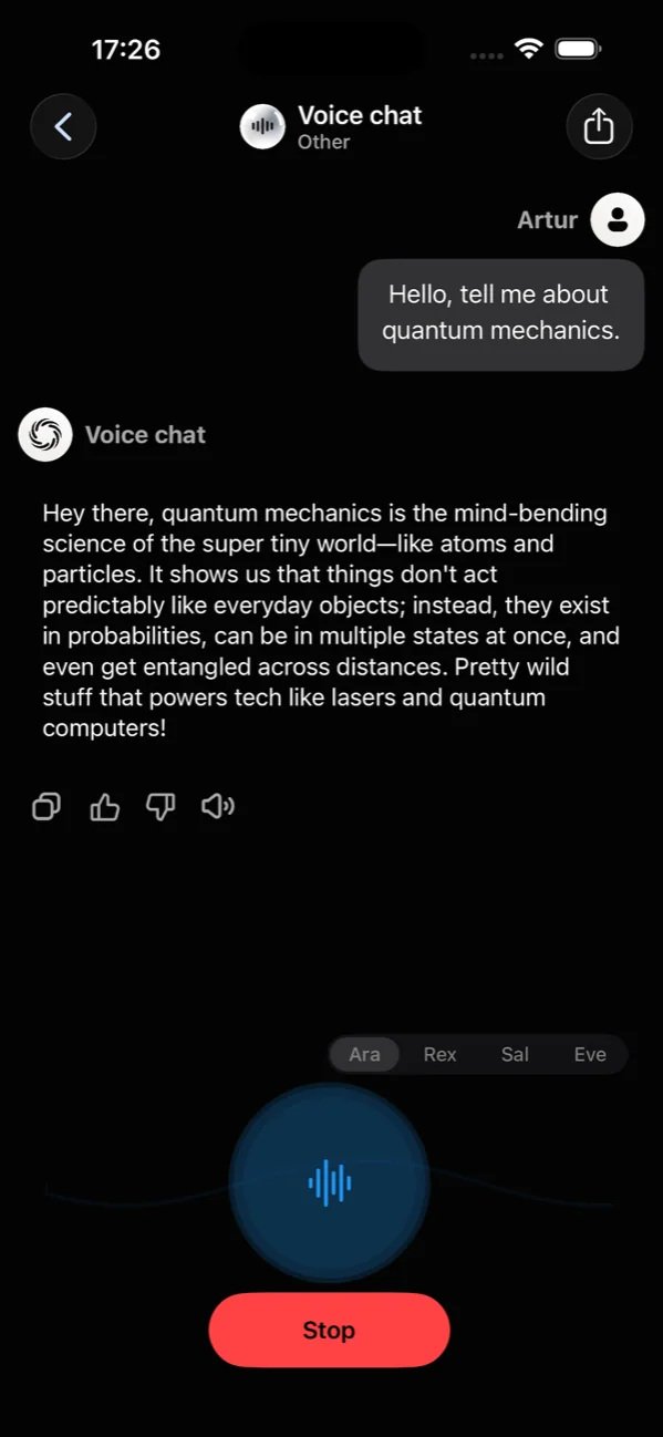 iPhone — Voice mode with live waveform and Stop button.