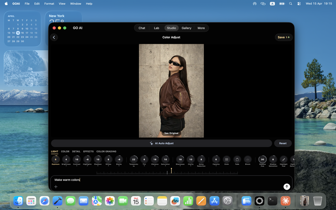 Mac — Color grading panel in the Studio editor with Light, Color, Detail, Effects controls.