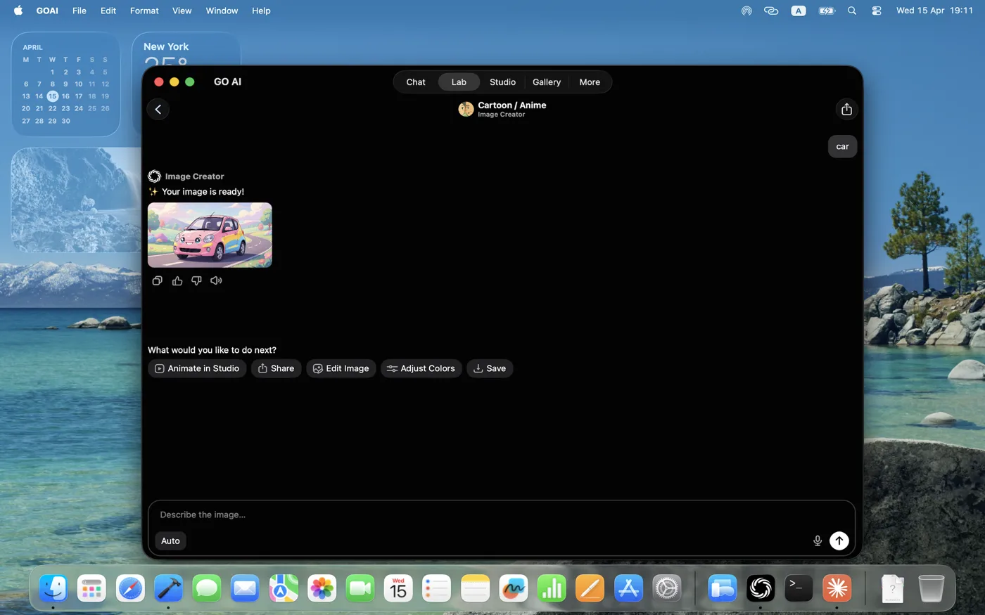 Image generation in GO AI Chat on Mac, with prompt controls and generated results.