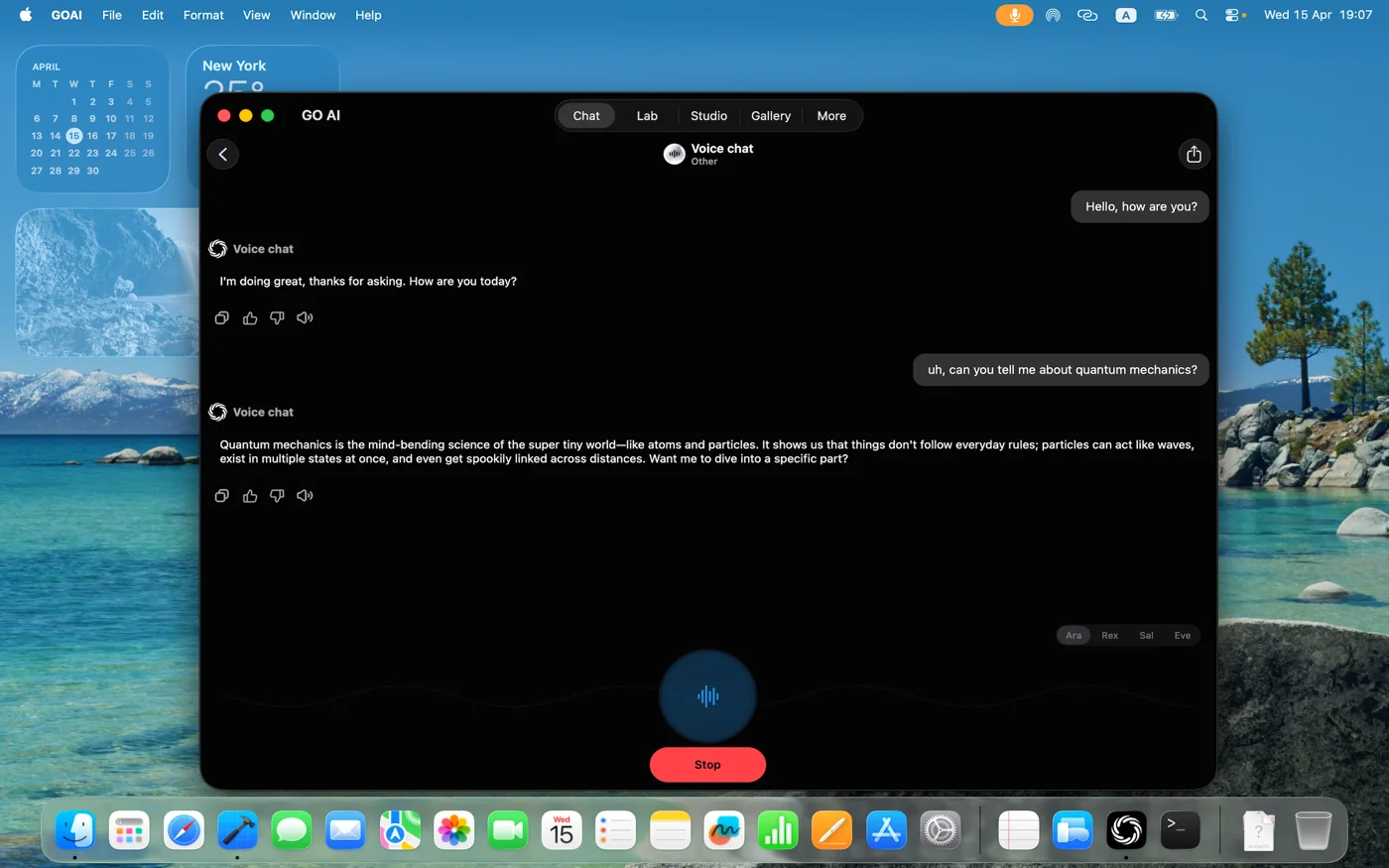 Mac — Voice mode interface with audio controls.