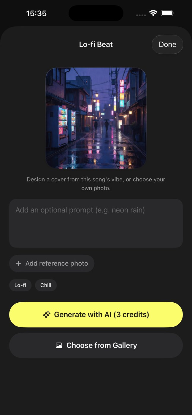 Cover-Editor von Musy AI: Cover aus der Stimmung des Songs gestalten, Prompt ergänzen oder Foto wählen