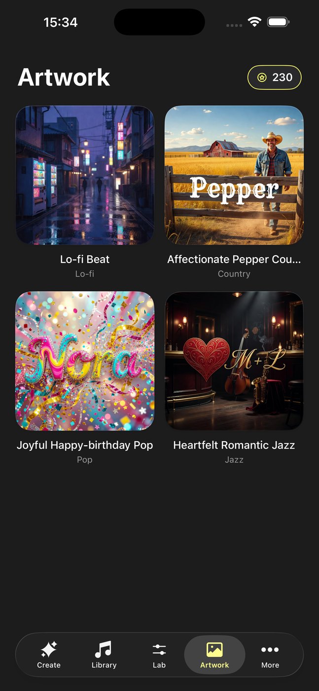 Tab Artwork von Musy AI mit vier Songs und ihren generierten Covern: regennasse Neonstraße, Country-Szene, Geburtstagscover mit Konfetti und Jazzclub