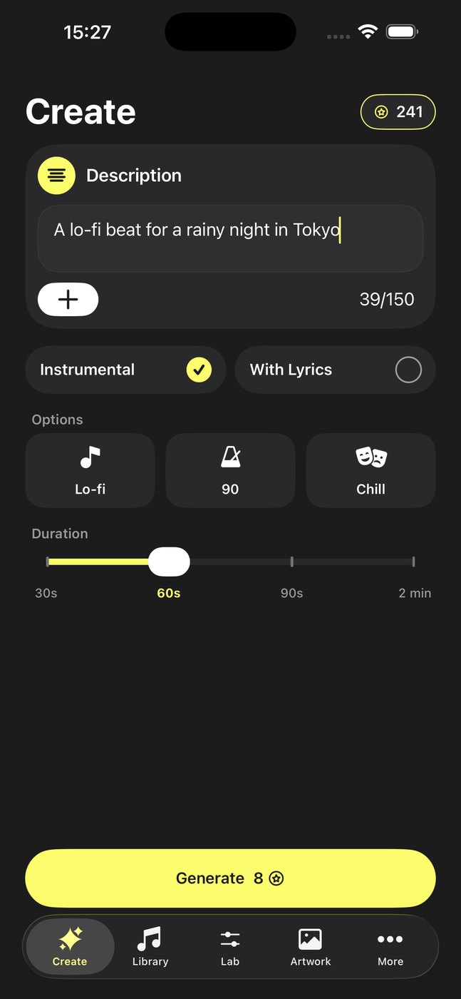 Create-Bildschirm von Musy AI mit der Beschreibung „Ein Lo-fi-Beat für eine regnerische Nacht in Tokio“ und den Einstellungen Lo-fi, 90 BPM, Chill und 60 Sekunden