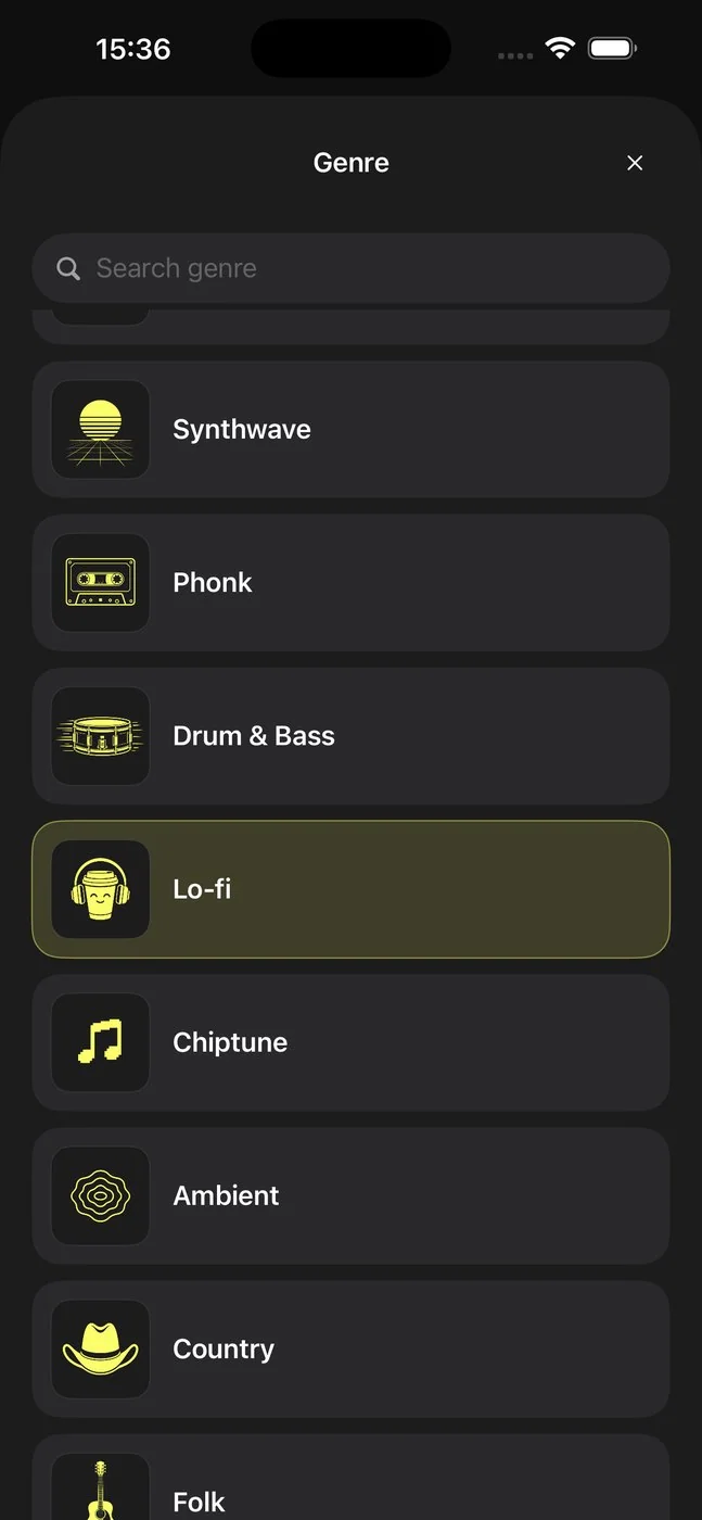 Selector de géneros de Musy AI con buscador y mosaicos ilustrados de Synthwave, Phonk, Drum & Bass, Lo-fi, Chiptune, Ambient y Country