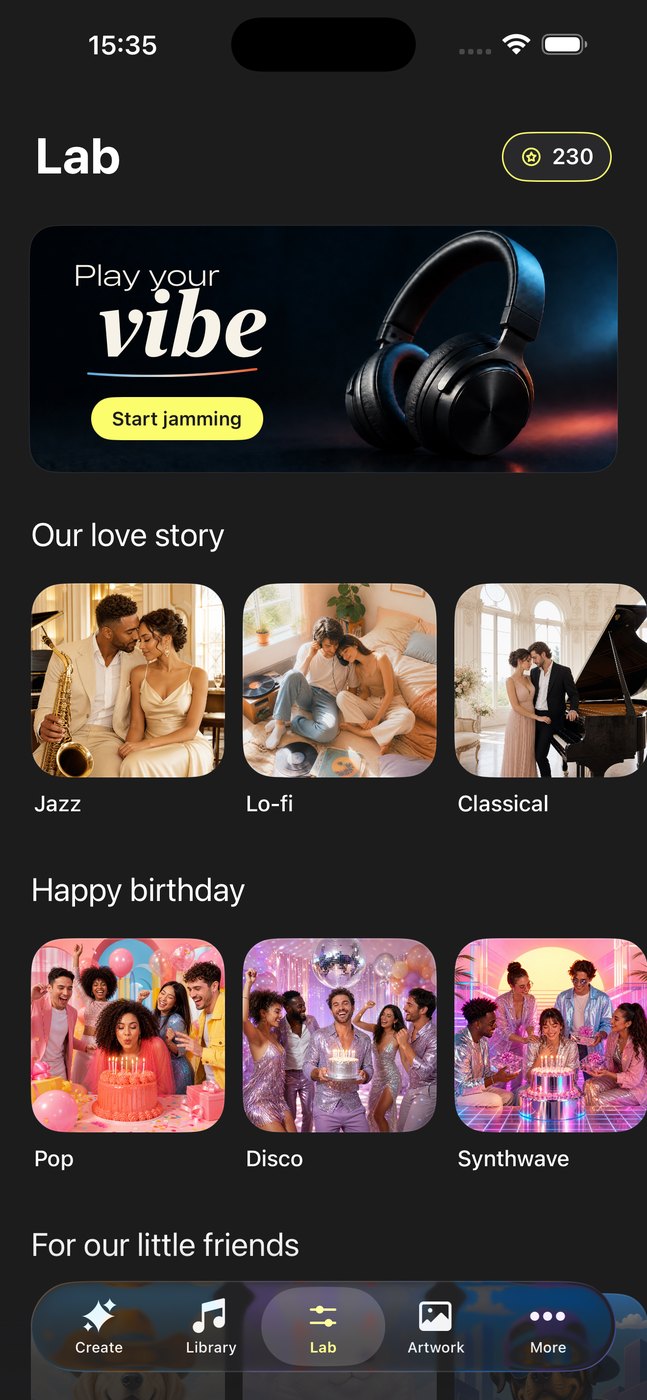 Tab Lab von Musy AI mit dem Banner „Start jamming“ und Vorlagen für Liebeslieder, Geburtstage und Haustiere
