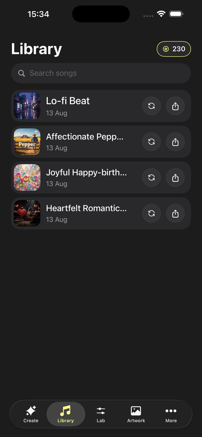 Mediathek von Musy AI mit vier fertigen Songs, jeder mit eigenem KI-Cover