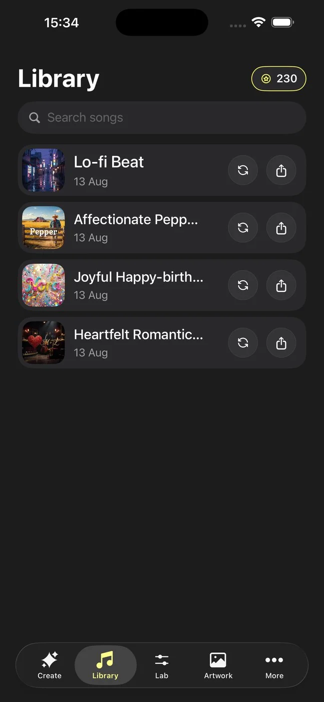 Biblioteca de Musy AI con cuatro canciones terminadas, cada una con su portada creada con IA