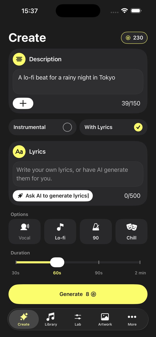 Songtext-Bereich von Musy AI mit der Wahl zwischen selbst geschriebenem und KI-generiertem Songtext