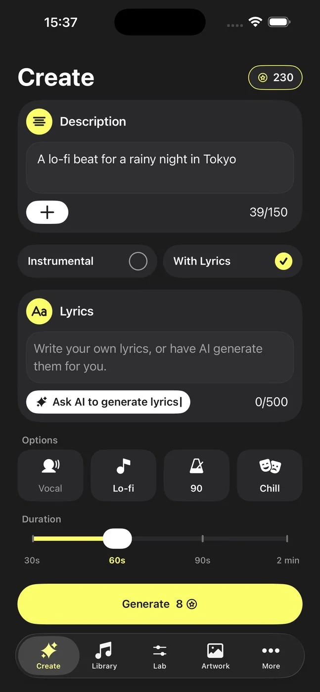 Panel de letra de Musy AI con la opción de escribirla tú o generarla con IA