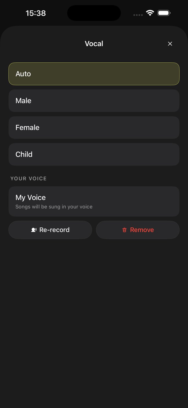 Stimmenauswahl von Musy AI mit Auto, Male, Female und Child sowie dem Eintrag My Voice