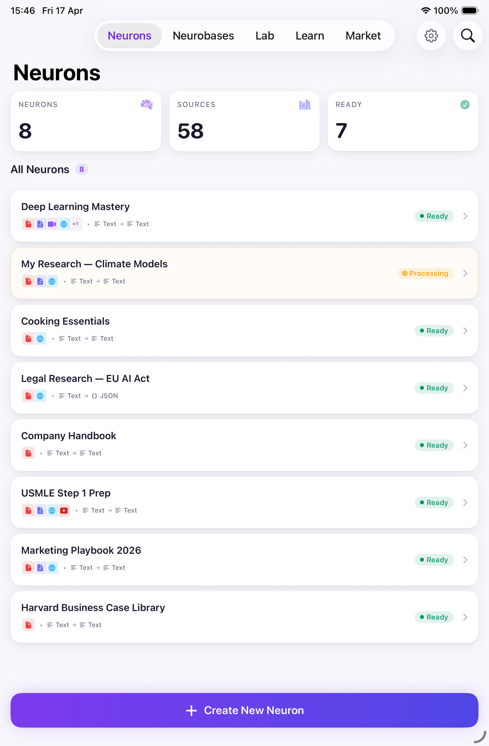 Neurobase on iPad — top-tab navigation (Neurons, Neurobases, Lab, Learn, Market) with 8 Neurons across 58 sources.