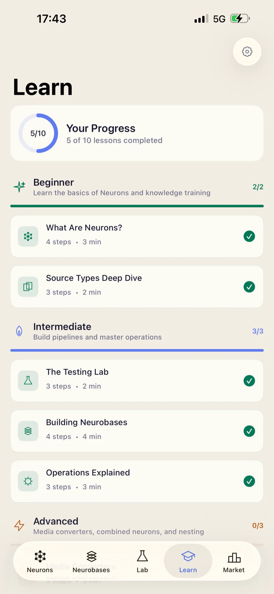 iPhone — Learn tab with a 5/10 progress ring, Beginner section (What Are Neurons?, Source Types Deep Dive — both completed), Intermediate (The Testing Lab, Building Neurobases, Operations Explained), and an Advanced section.