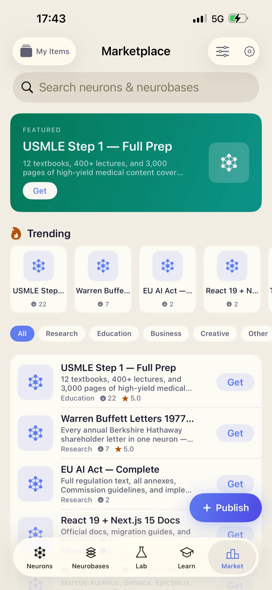 iPhone — Marketplace tab with featured and trending Neurons and Neurobases across Research, Education, Business, and Creative categories.