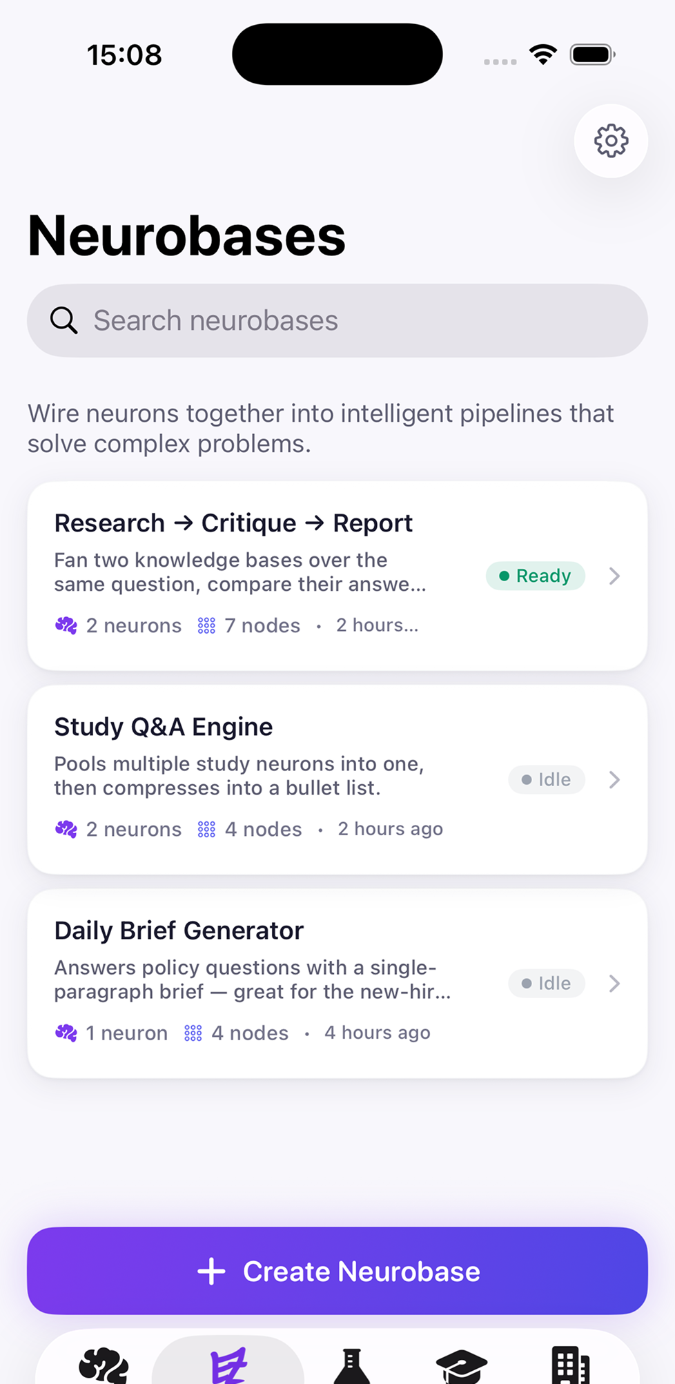Neurobase pipelines list on iPhone — Research → Critique → Report, Study Q&A Engine, Daily Brief Generator with status badges.