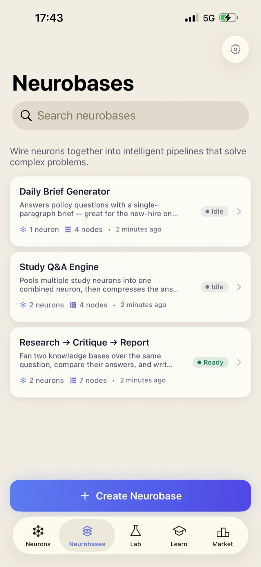 Neurobase pipelines list on iPhone — Research → Critique → Report, Study Q&A Engine, Daily Brief Generator with status badges.