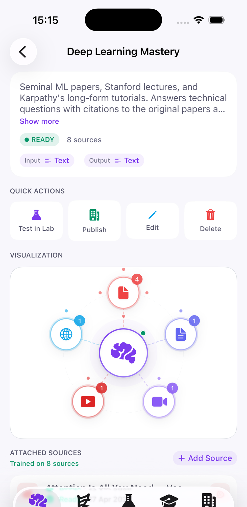 iPhone — Deep Learning Mastery Neuron detail with Quick Actions (Test in Lab, Publish, Edit, Delete), a network visualization of the central brain node connected to PDF, web, video, and image sources with cite counts, and an 'Attached Sources' footer.